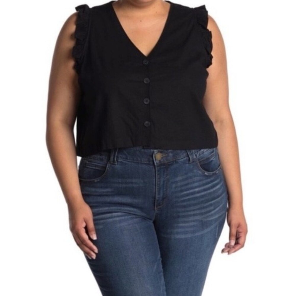 NWT‎ Madewell Ruffled Linen Blend Top Black Plus Size 26W